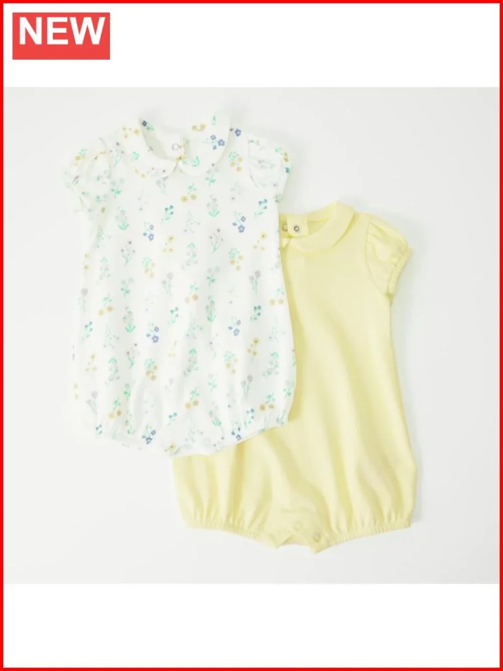 Girls Cotton Short Sleeve Romper 2-Pack Peter Pan Collar Puff Sleeve